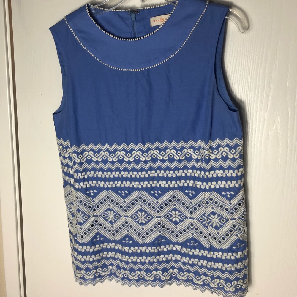 Tory Burch Cobalt Blue Sleeveless Embroidered Tee with White Pattern